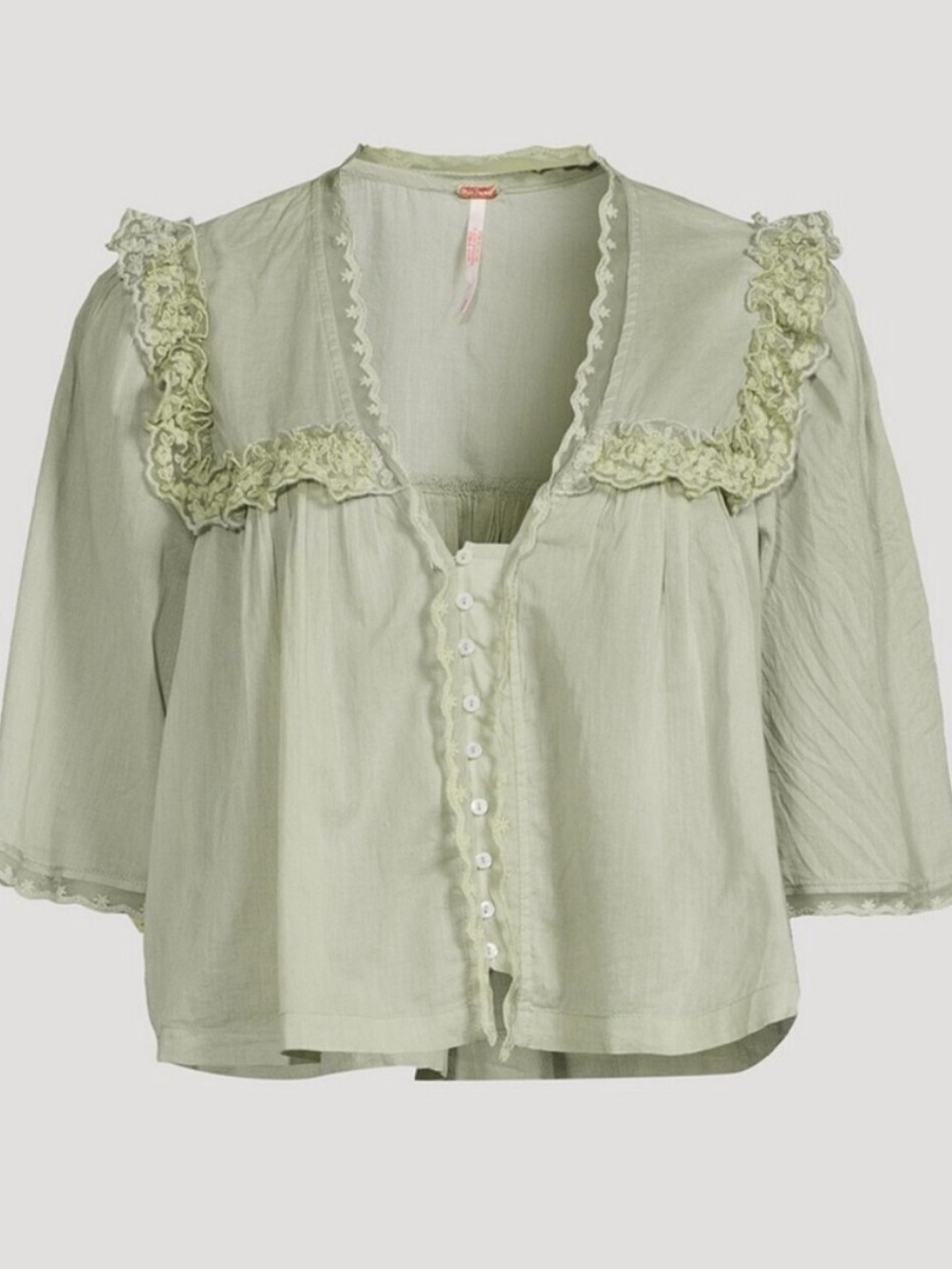 Free People Luna Lace Top Size S Light Green Boxy Oversized Cottagecore Boho